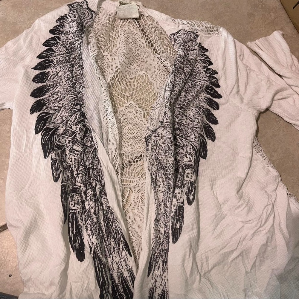White and Black Feather Print Cardigan